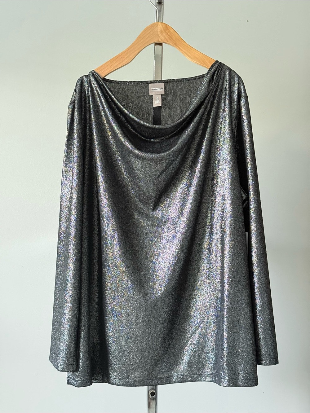 Chico's NWT Silver Metallic Foil Cowl Neck Dressy Elegant Blouse Size 4 XXL
